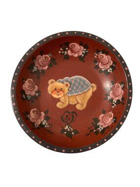 Vintage Hand Painted Folk Art Wood Bowl With Bear And Flowers Roses